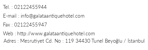 Galata Antique Hotel telefon numaralar, faks, e-mail, posta adresi ve iletiim bilgileri